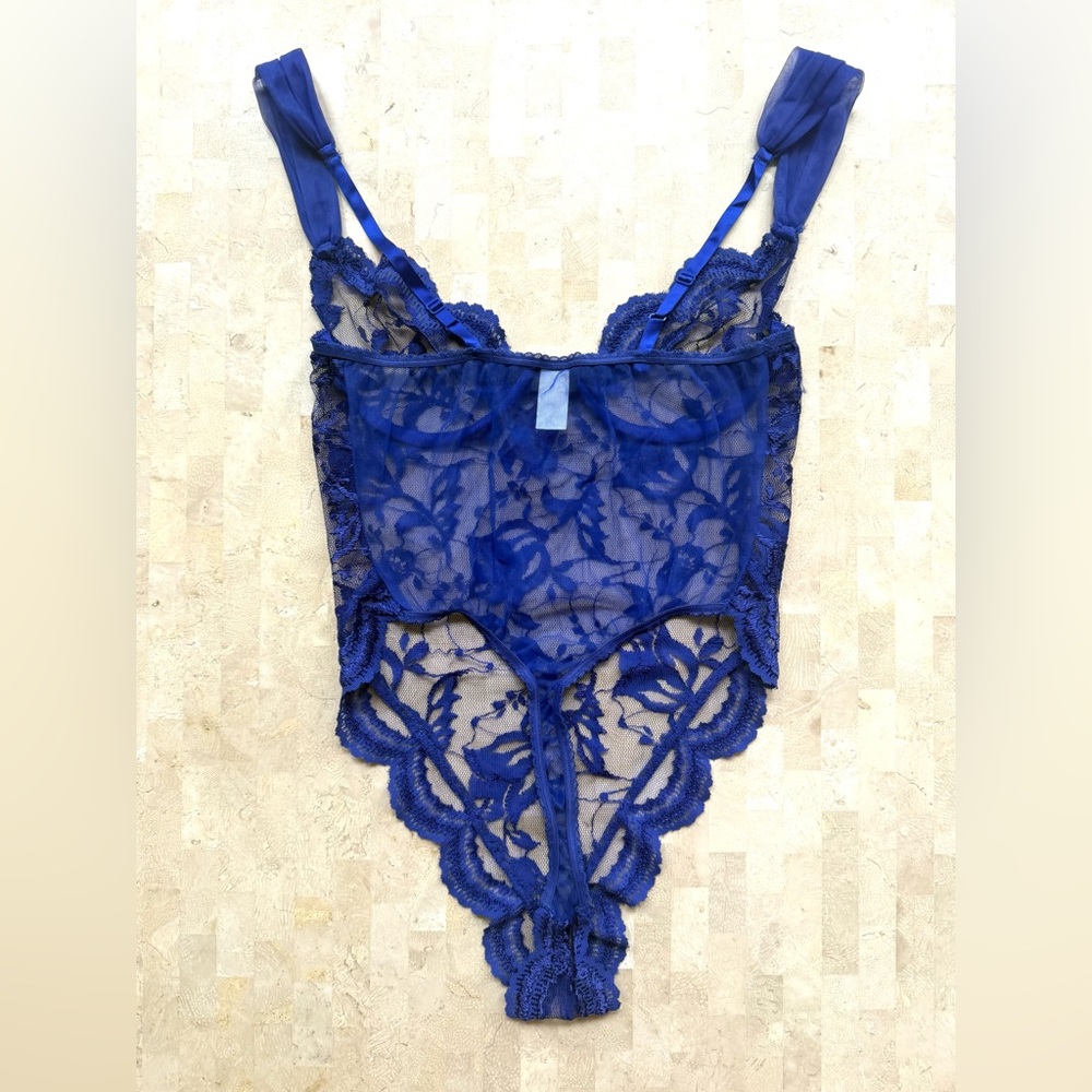 Vintage Frederick's of Hollywood Y2K Blue Lace Teddy Bodysuit Coquette Cyber L - Picture 7 of 8